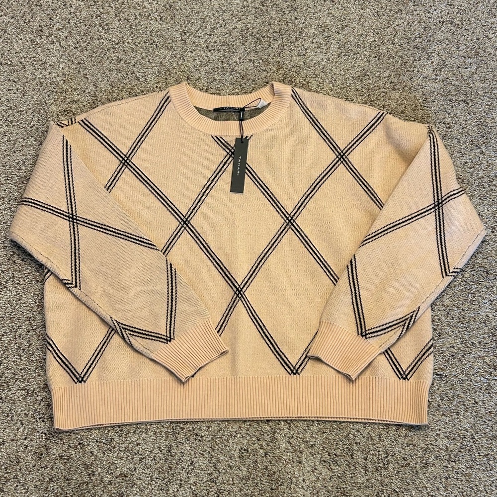 T Tahari Cassic Crewneck Camel Sweater Black Diamond Detail Relaxed Women L NEW - Picture 5 of 16